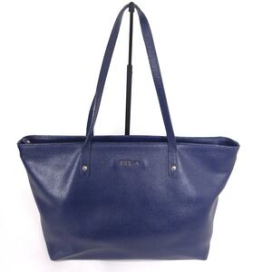 FURLA Saffiano GENUINE LEATHER Tote Bag ITALY MADE Navy Blue Gold Tone Metal